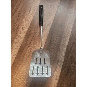 Vintage Ekco Keyhole Slotted Spatula USA Metal Chrome Black Handle 12.5" Long